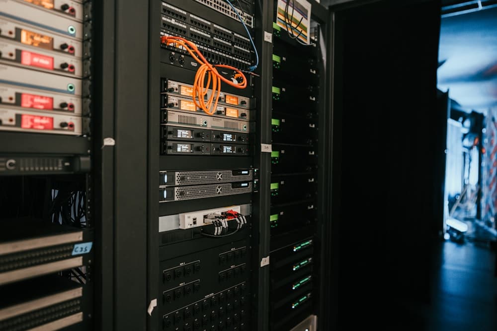 Server room with illuminated network equipment